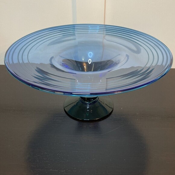 Signed Richard Blenko Art Glass Console Centerpiece - Blue/Green Designer Series - Picture 1 of 7